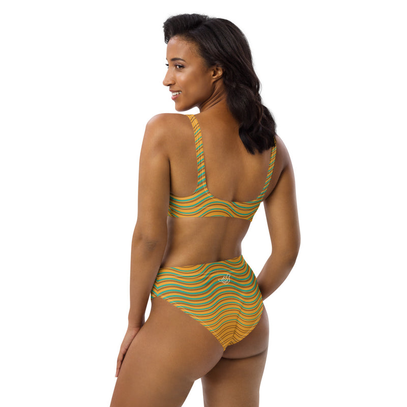 PIDGINMOJI Waves High-Waist Bikini (Yellow/Brown/Aquamarine)
