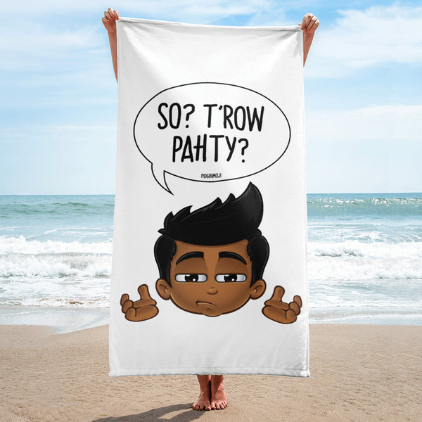 "SO? T'ROW PAHTY?" Original PIDGINMOJI Characters Beach Towel