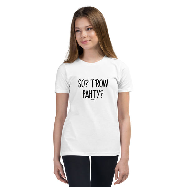 "SO? T'ROW PAHTY?" Youth Pidginmoji Light Short Sleeve T-shirt