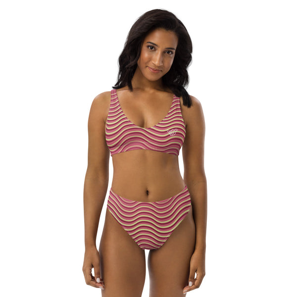 PIDGINMOJI Waves High-Waist Bikini (Pink/Wine/Cream)