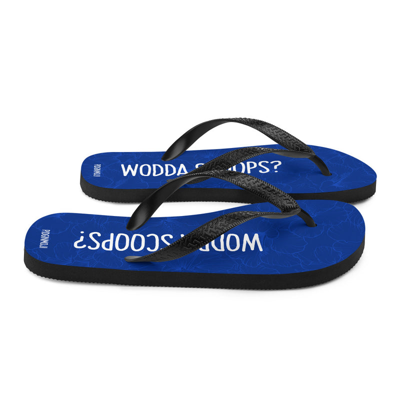 "WODDASCOOPS?" PIDGINMOJI Hibiscus Slippahs (Blue)