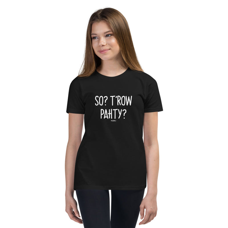 "SO? T'ROW PAHTY?" Youth Pidginmoji Dark Short Sleeve T-shirt