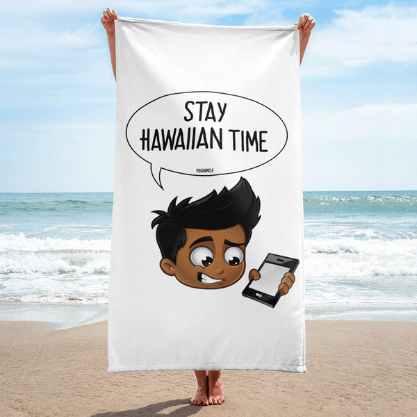 "STAY HAWAIIAN TIME" Original PIDGINMOJI Characters Beach Towel