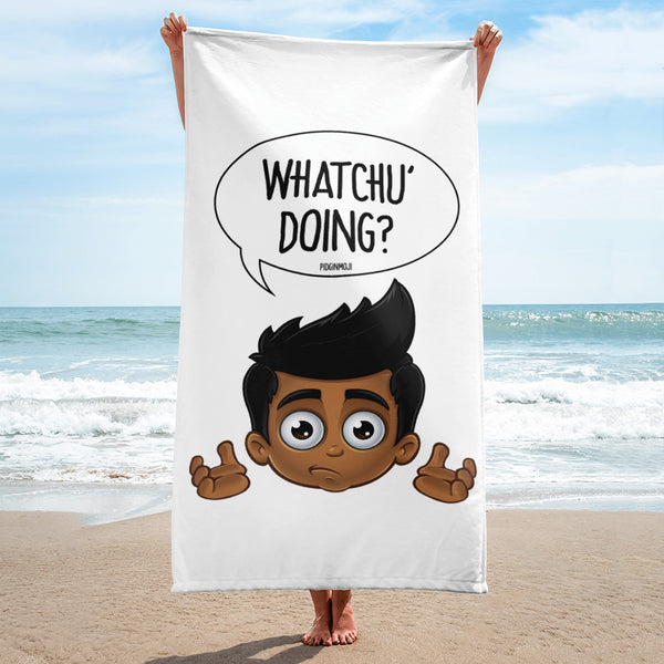 "WHATCHU' DOING?" Original PIDGINMOJI Characters Beach Towel