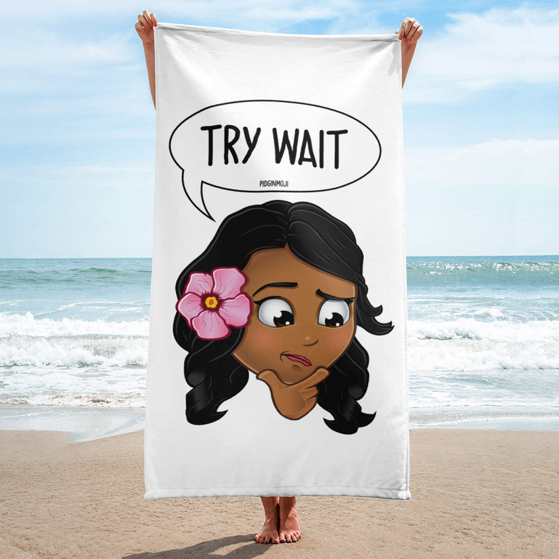 "TRY WAIT" Original PIDGINMOJI Characters Beach Towel