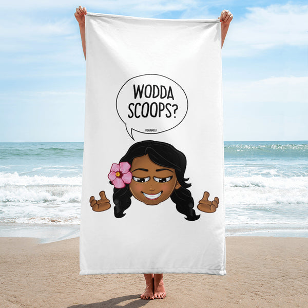 "WODDASCOOPS?" Original PIDGINMOJI Characters Beach Towel