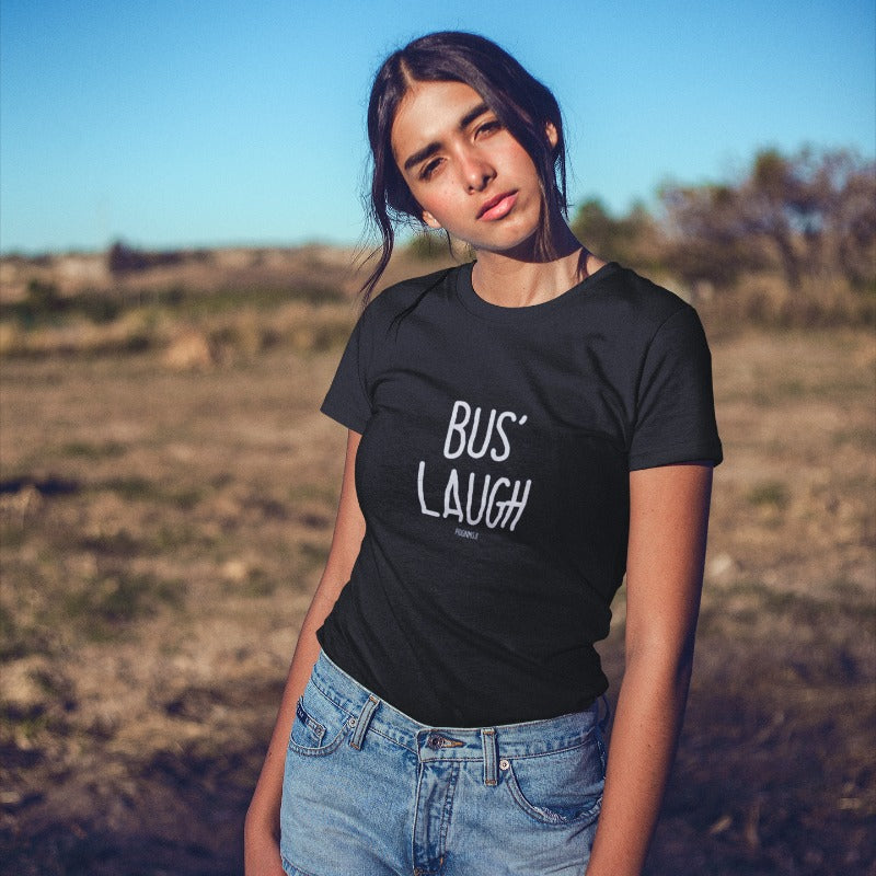 "BUS' LAUGH" Women’s Pidginmoji Dark Short Sleeve T-shirt
